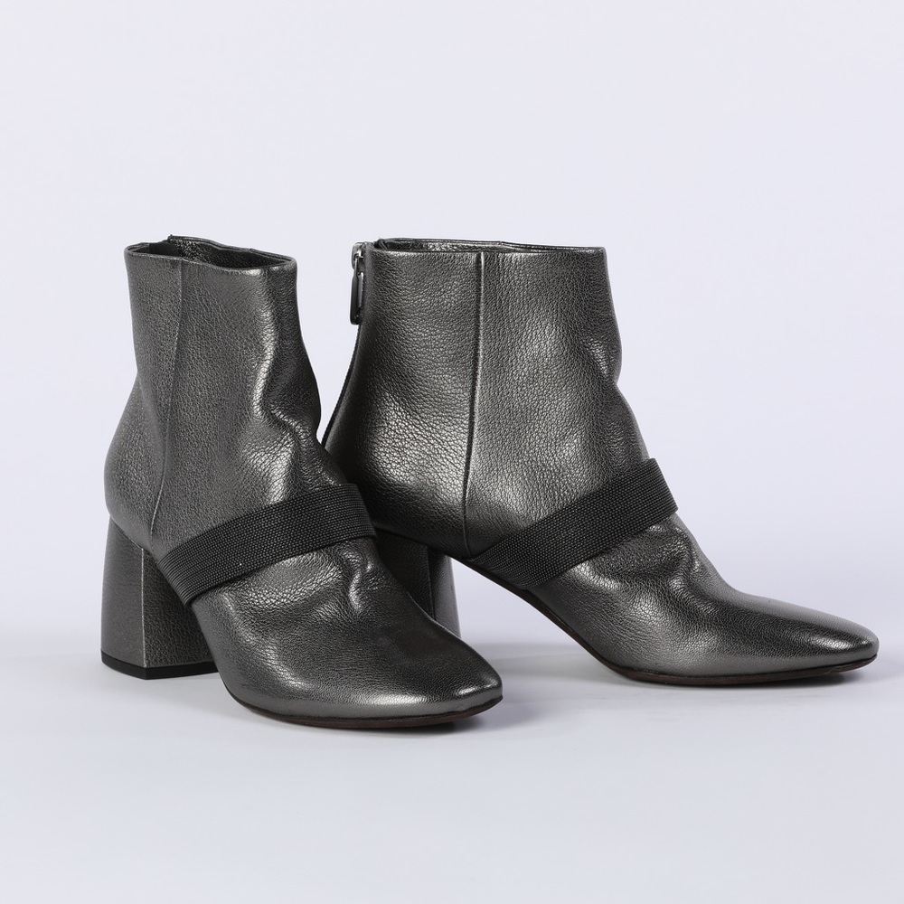 Brunello Cucinelli Metallic Grey Leather Ankle Booties w Signature Beading